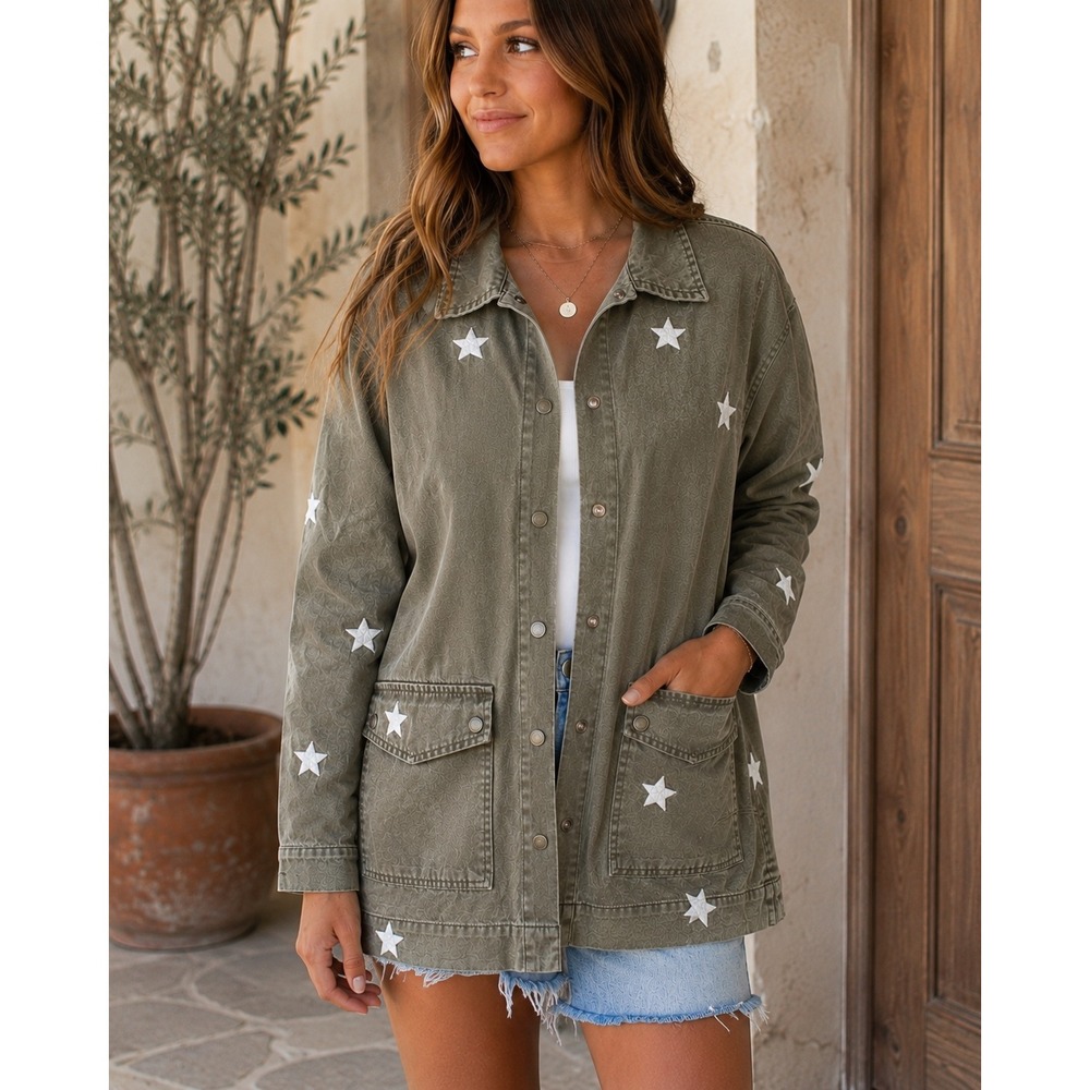 Sincerely Jules Bailey Star Embroidered Utility Jacket Olive Green Women's Small